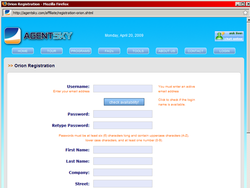 Orion Registration Page Screen Shot